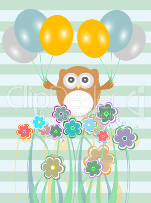 birthday party card with cute birds, owls and flowers