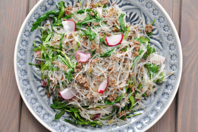 Glasnudelsalat mit Fleisch, Radieschen und Rucola