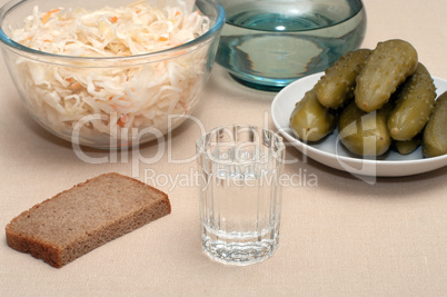 Vodka and snack.