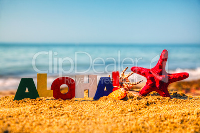 Wooden colorful word 'Aloha' on the sand