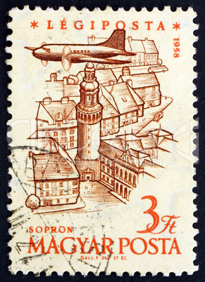 Postage stamp Hungary 1958 Plane over Sopron