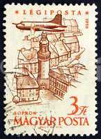 Postage stamp Hungary 1958 Plane over Sopron