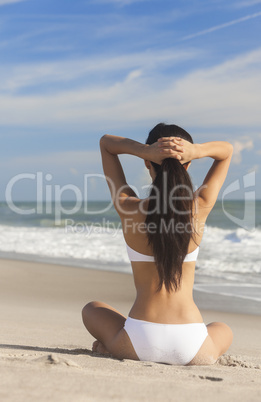 Sexy Woman Girl Sitting in Bikini on Beach