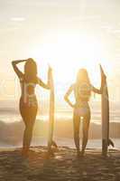 Beautiful Bikini Women Surfers & Surfboards At Beach