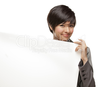 Mixed Race Young Adult Female Holding Blank White Sign