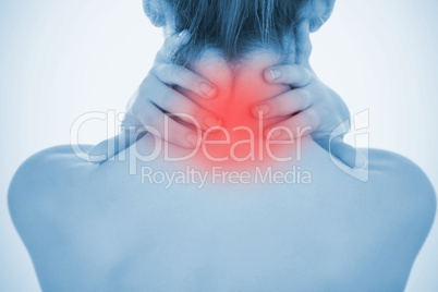 Woman rubbing highlighted neck pain