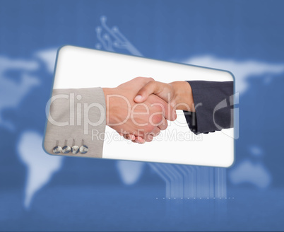 Screen with image of handshake in blue interface Screen with image of handshake in blue interface