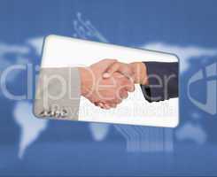 Screen with image of handshake in blue interface