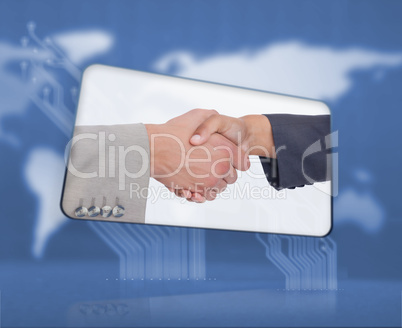 Screen displaying handshake in digital interface