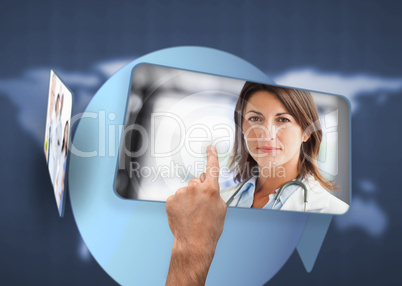 Hand selecting image of doctor from digital interface