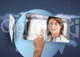 Hand selecting image of doctor from digital interface
