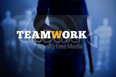 Silhouette of woman touching teamwork button