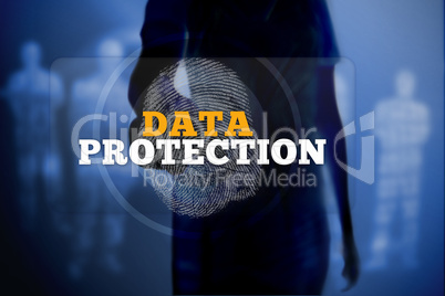 Silhouette of woman touching data protection button with fingerp