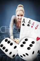 Blonde woman grabbing chips with digital hand of four aces and d