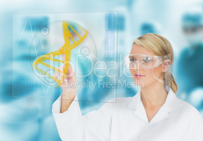 Doctor consulting DNA helix diagram on touchscreen display