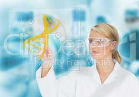 Doctor consulting DNA helix diagram on touchscreen display