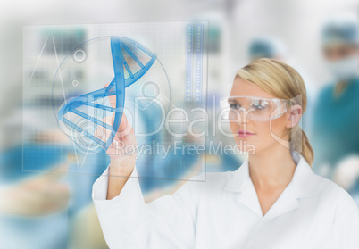 Doctor consulting touchscreen displaying DNA helix diagram