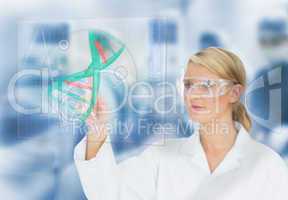 Doctor using touchscreen displaying DNA helix diagram