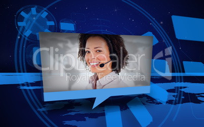 Digital speech box showing woman in headset coming from world ma
