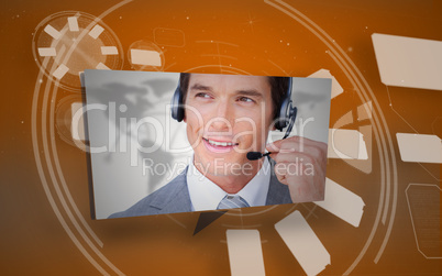 Digital speech box showing man in headset on orange background