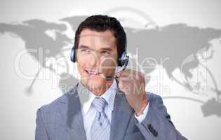 Smiling businessman wearing headset