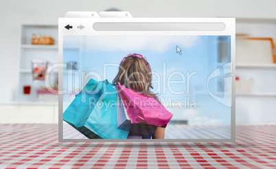 Digital internet window showing girl with shopping bags
