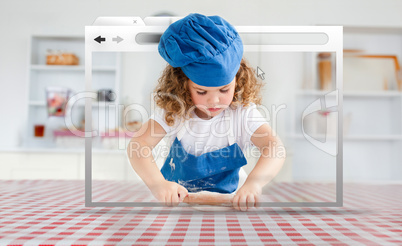Digital internet window showing girl in cookery gear rolling pas