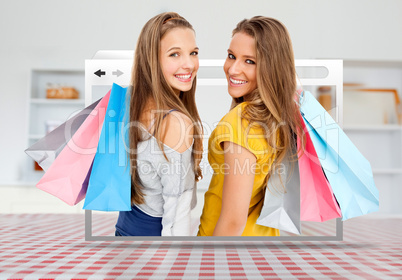 Digital internet window showing girls with shopping bags