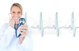 Blonde doctor holding up stethoscope