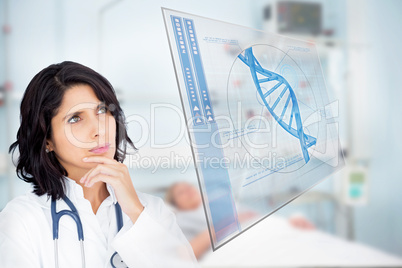 Doctor studying virtual screen showing DNA helix