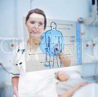Nurse touching screen displaying blue human form