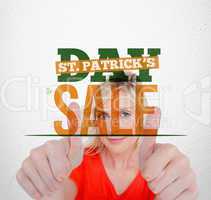 Bold text advertisement for st patricks day sale with smiling bl