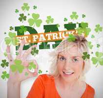 Blonde giving ok symbol for st patricks day with text and shamro