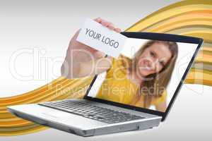 Woman reaching out from laptop showing business card