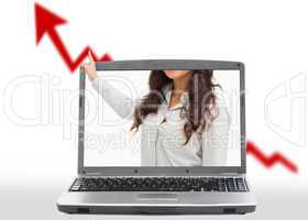 Woman reaching out from laptop to present growth arrow
