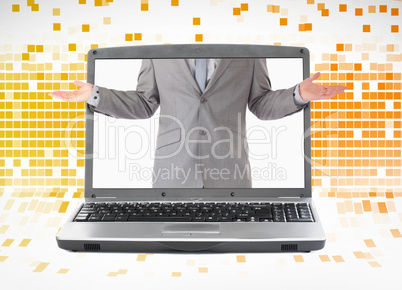 Businessman reaching his arms out from laptop