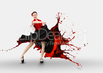 Flamenco dancer with dress turning to paint splashing