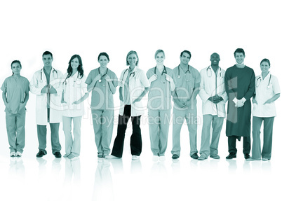 Happy team of doctors standing together in a line