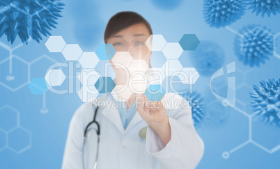 Brunette doctor pressing touchscreen displaying chemical formula