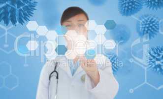 Brunette doctor pressing touchscreen displaying chemical formula