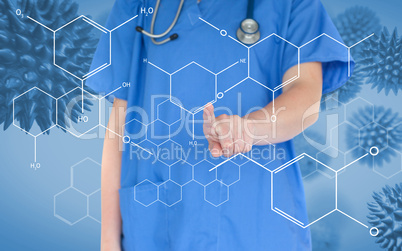 Doctor using touchscreen displaying a chemical formula