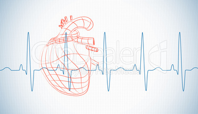 Drawn human heart and heart rate line