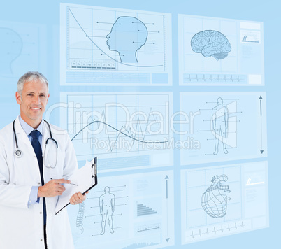 Senior doctor holding a clipboard near to futuristic screens