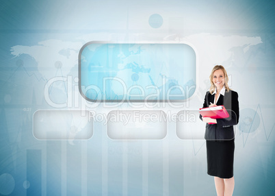 Businesswoman smiling near to a futuristic screen