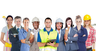 Group of smiling people with different jobs standing in line