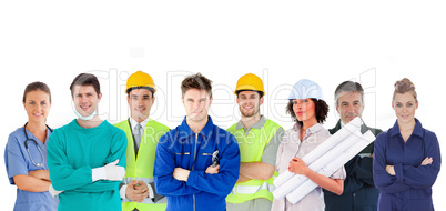 Group of people with different jobs standing in line