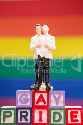 Gay groom cake topper on blocks spelling gay pride