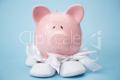 Piggy bank wearing white baby booties Piggy bank wearing white baby booties