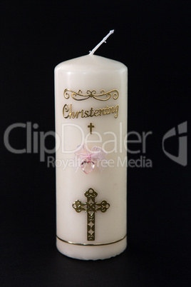 White christening candle with pink detail