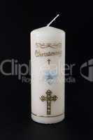 White christening candle with blue detail